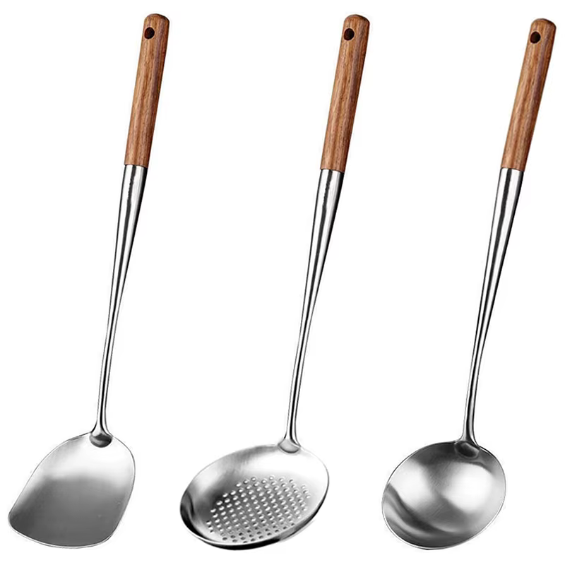 Spatule pour Wok en acier inoxydable, ensemble d'outils en fer et louche, 17 pouces, 2 pièces