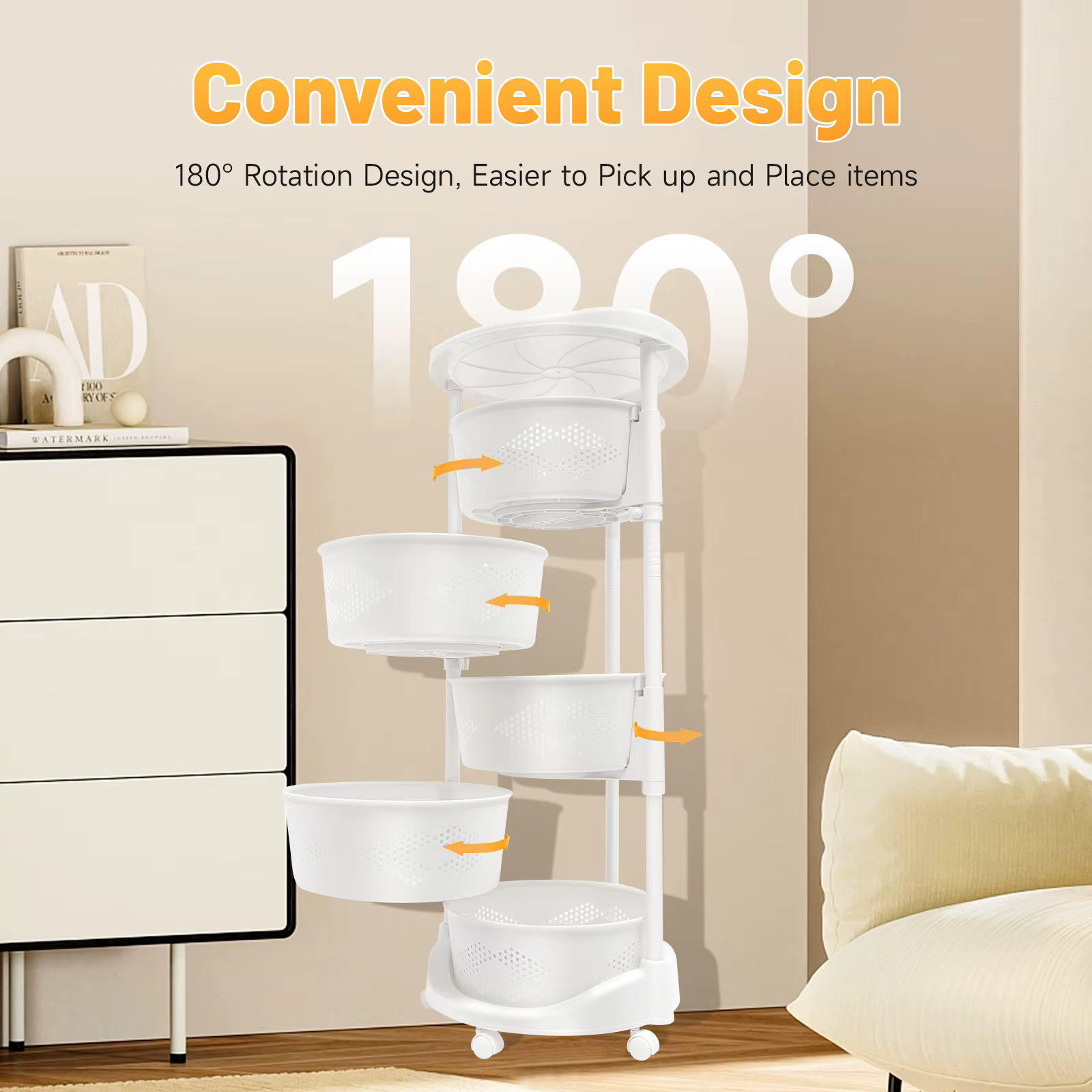 Mir de Rangement de Cuisine Multifonctionnel à 5 Niveaux, Blanc, Rotatif, à Roulettes, pour Légumes