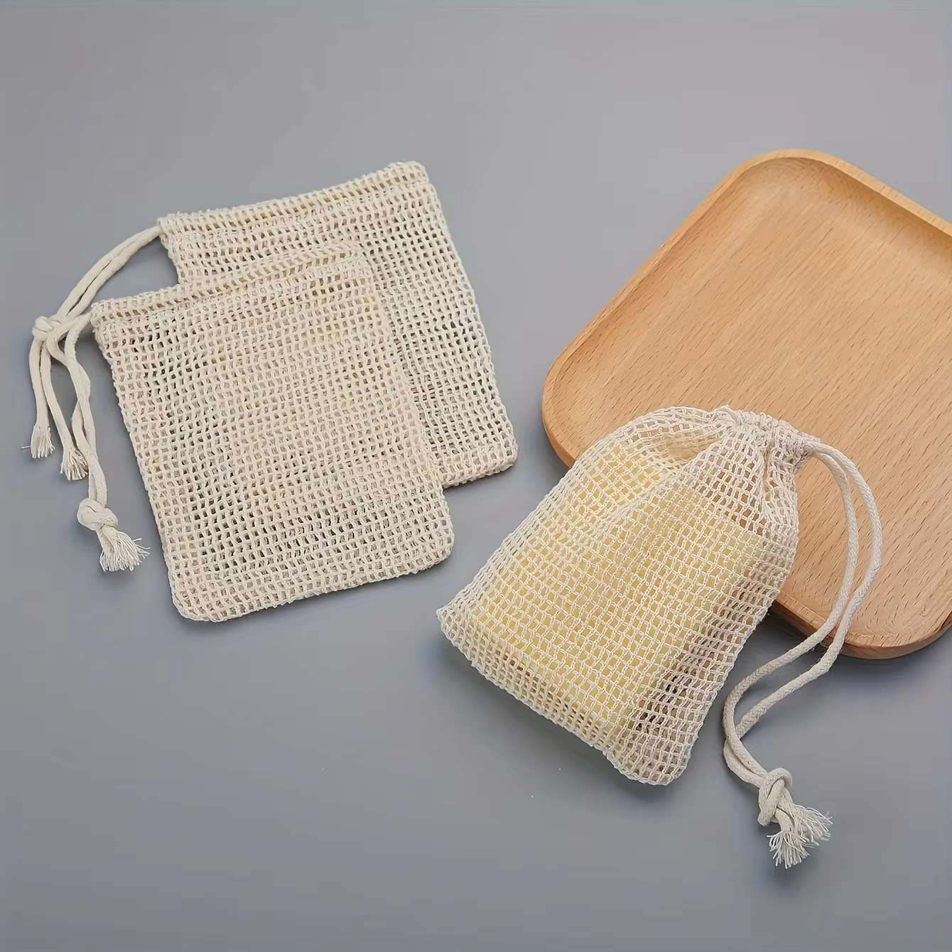 Sac à savon en coton naturel, 3 pièces, écologique, fait à la main, en maille de coton pour la mouss