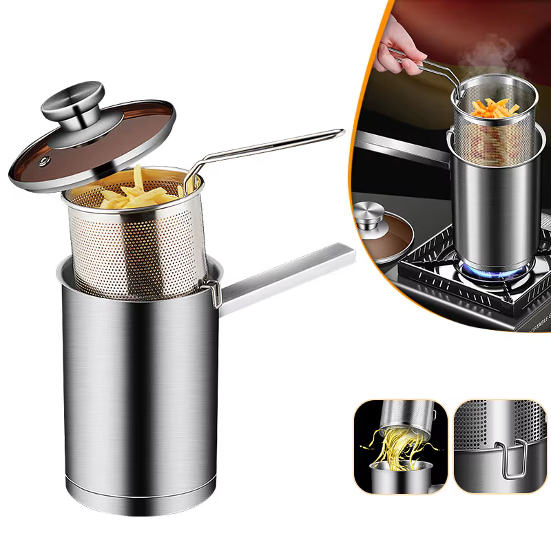 Pot de friteuse épais avec panier et couvercle, grande friteuse en acier inoxydable, passoire à pâte