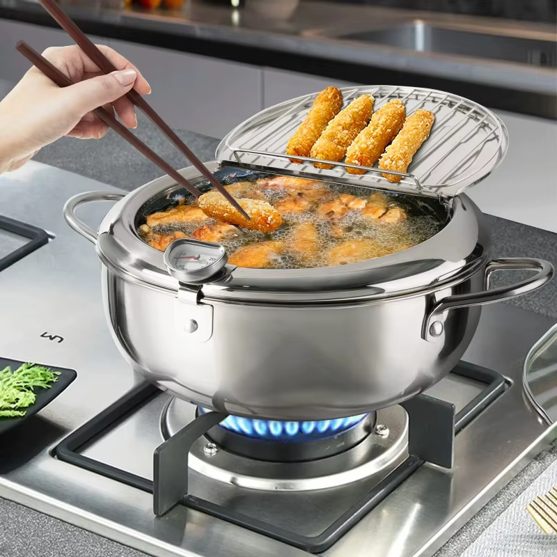 Marmite pour friteuse, marmite tempura de style japonais de 11 pouces/4,2 L avec couvercle, acier in