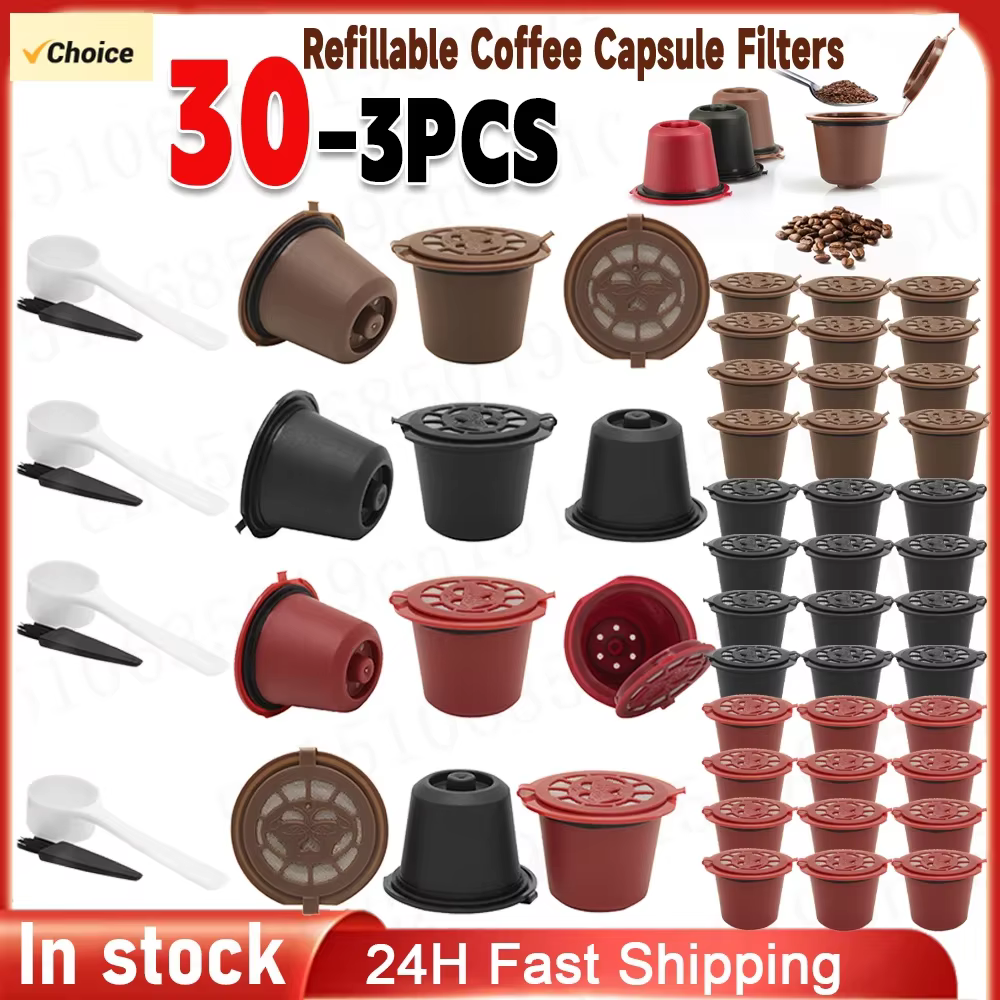 Capsules de Café Réutilisables pour Machine à Café, 30 à 3 Pièces, Filtre avec Cuillère et Brosse
