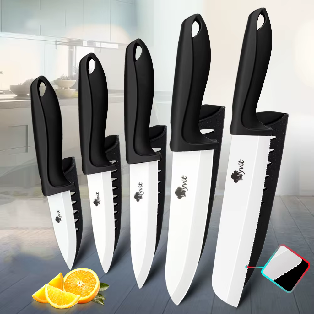 Couteau en céramique 3 4 5 6 pouces, trancheur utilitaire de Chef, couteau à pain dentelé, ensemble 