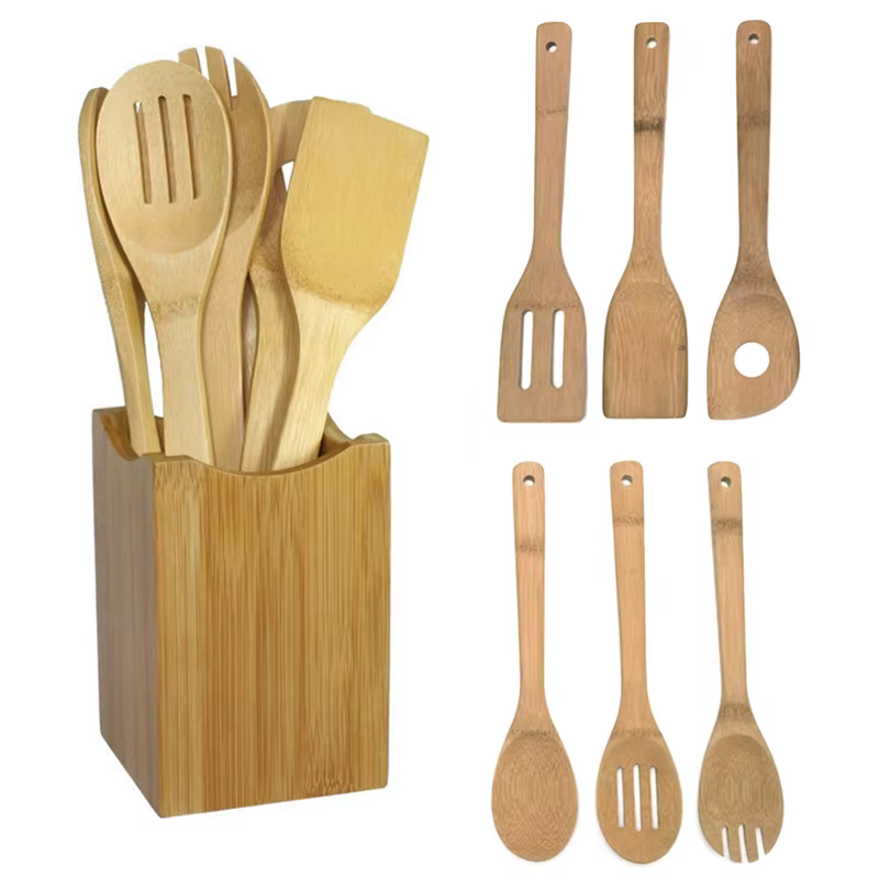 Cuillère en bambou, spatule, ustensile de cuisine, outil de cuisine en bois, ensemble de mélange 6 p