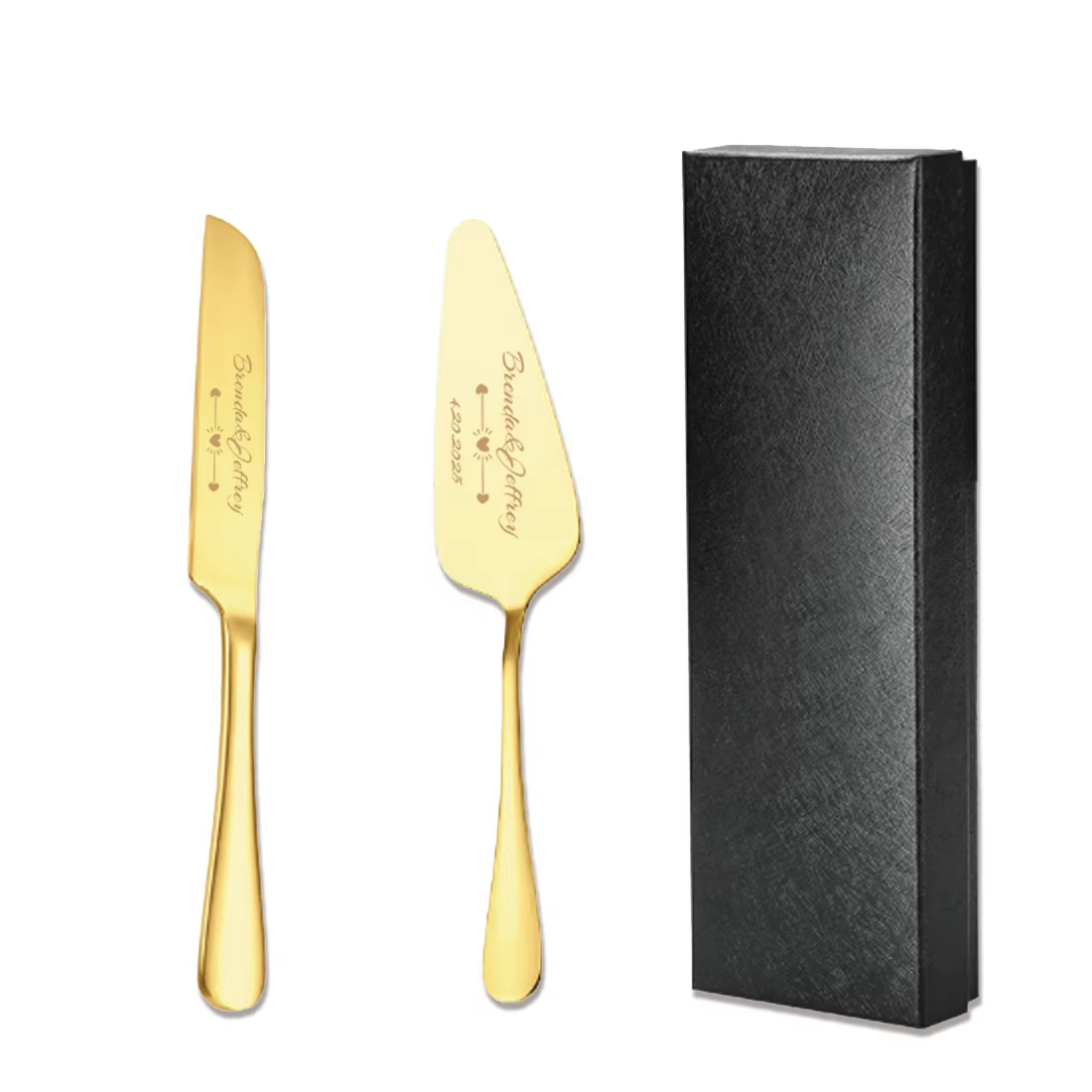 Ensemble de couteau et spatule à gâteau personnalisés avec les noms des mariés, en acier inoxydable