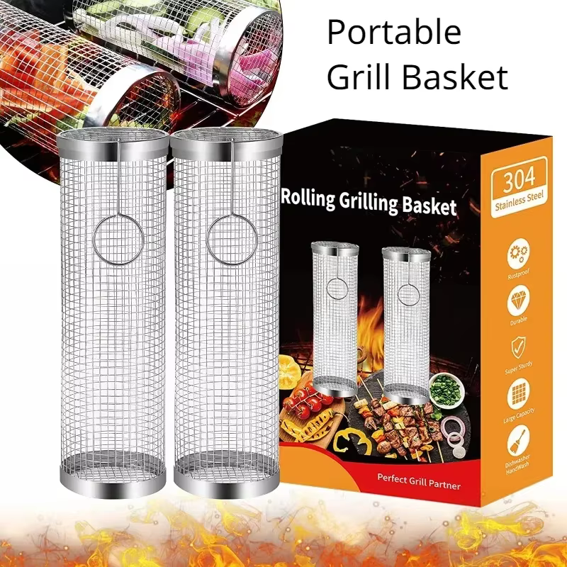 Panier de gril en acier inoxydable, Cage de Barbecue Portable, panier à grillades roulant, panier de