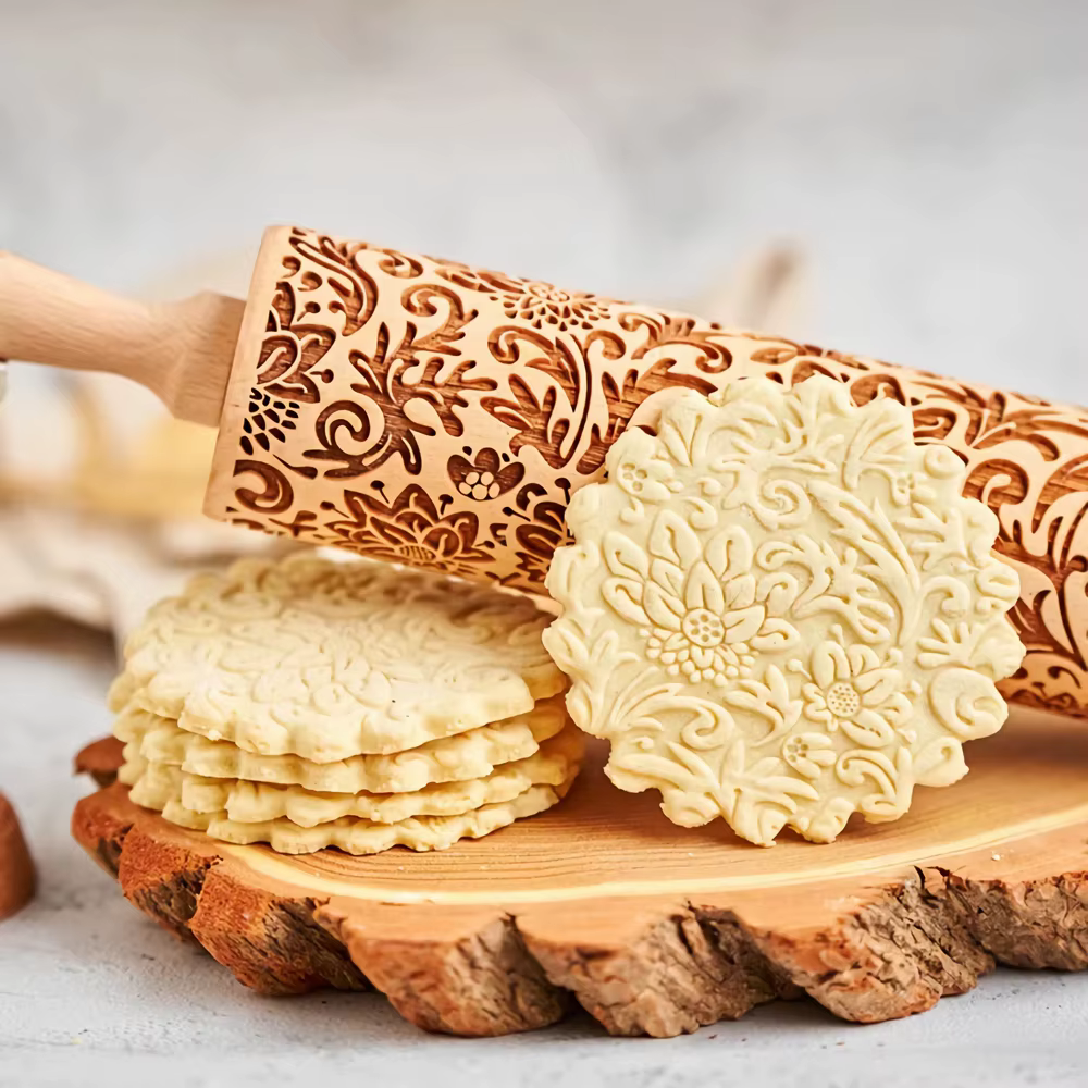 Rouleau à pâtisserie en bois de tournesol en relief, 13.7 pouces, avec motif pour la cuisine, outils