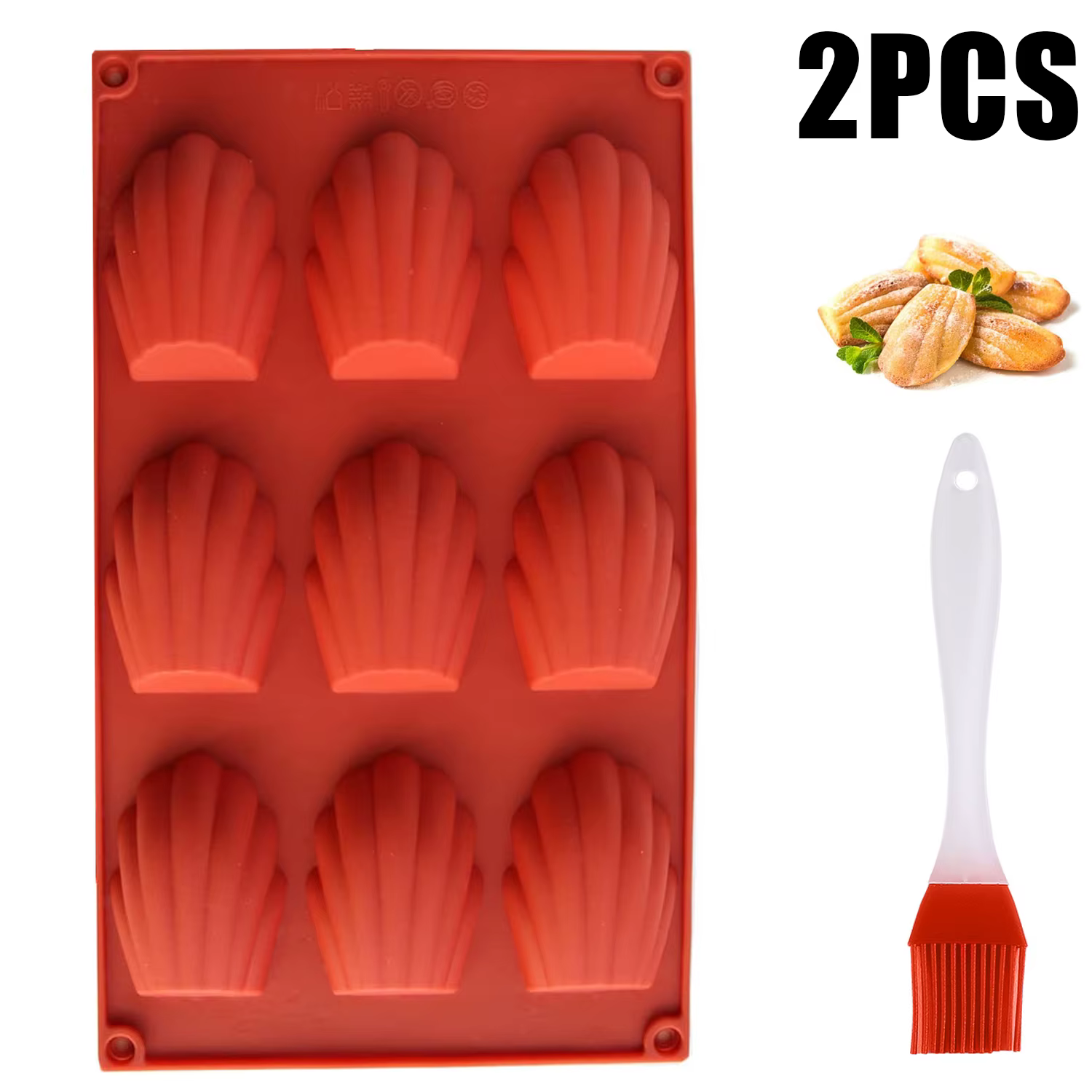 Moule à Madeleine en Silicone antiadhésif, 2 pièces, 9 cavités, coque réutilisable, avec brosse pour