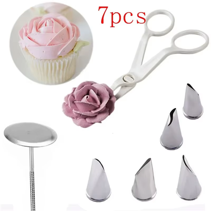 Ciseaux à fleurs + plateau à gâteaux + 5 buses tulipes et roses, lève-ongles, transfert de crème Fon