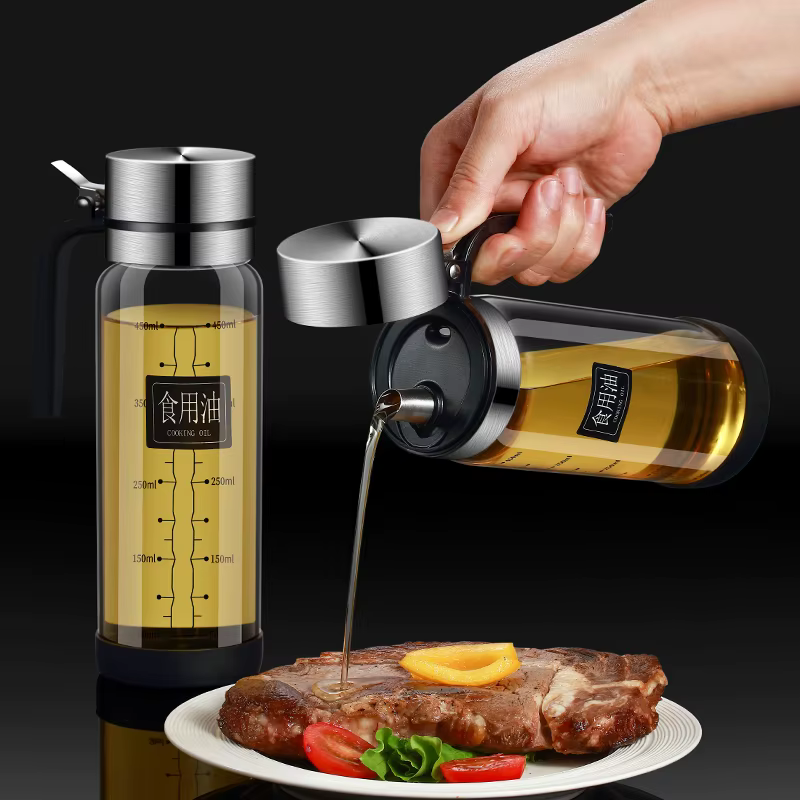 Bouteille d'huile en verre avec couvercle rabattable, pot d'huile étanche, sauce soja de cuisine pré