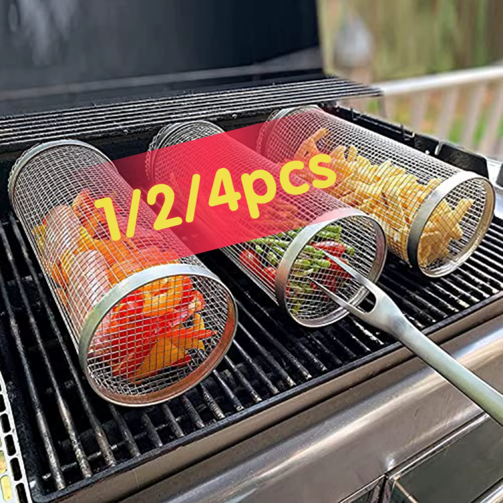 Panier à grillades roulant en acier inoxydable, panier à gril en maille Portable pour Camping en ple