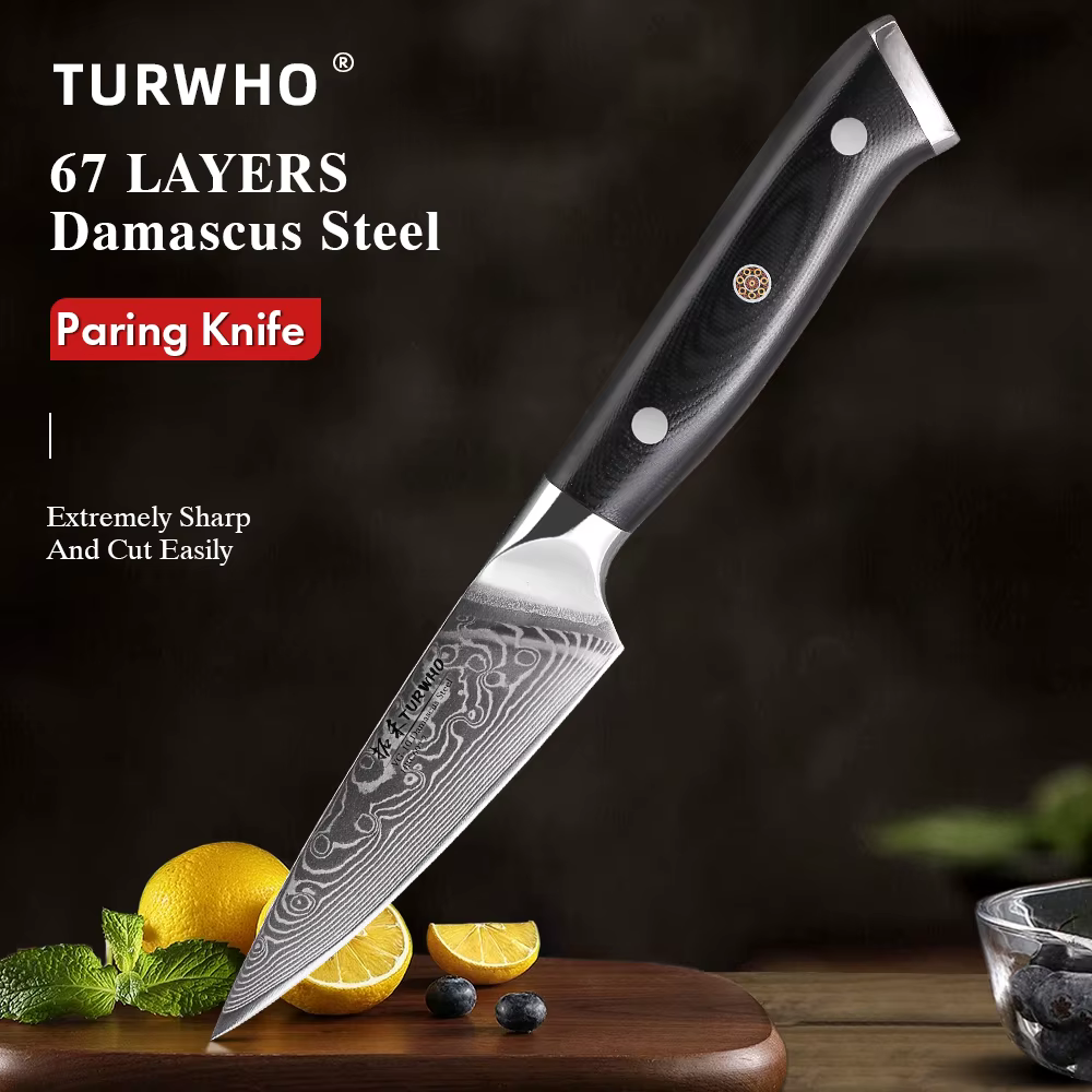 TURWHO 3.5 "couteau d'office professionnel en acier damas couteau de cuisine coupe de Chef épluchage