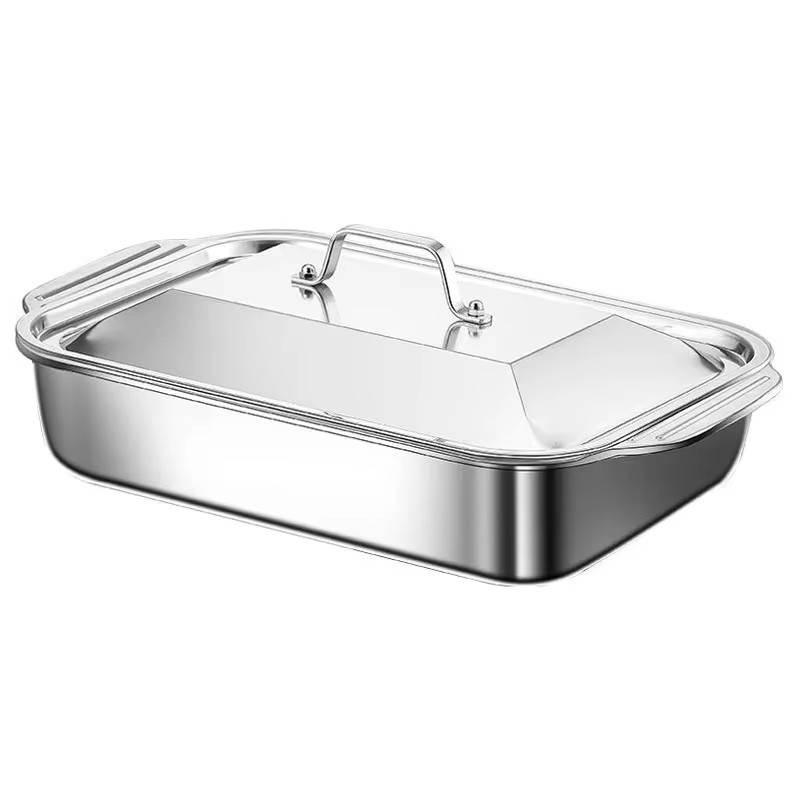 Plaque de cuisson profonde en acier inoxydable, plateau de barbecue pour poisson grillé avec couverc