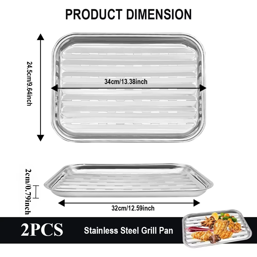 Plaque de barbecue en acier inoxydable, 2 pièces, plate de cuisson antiadhésive pour légumes et vian