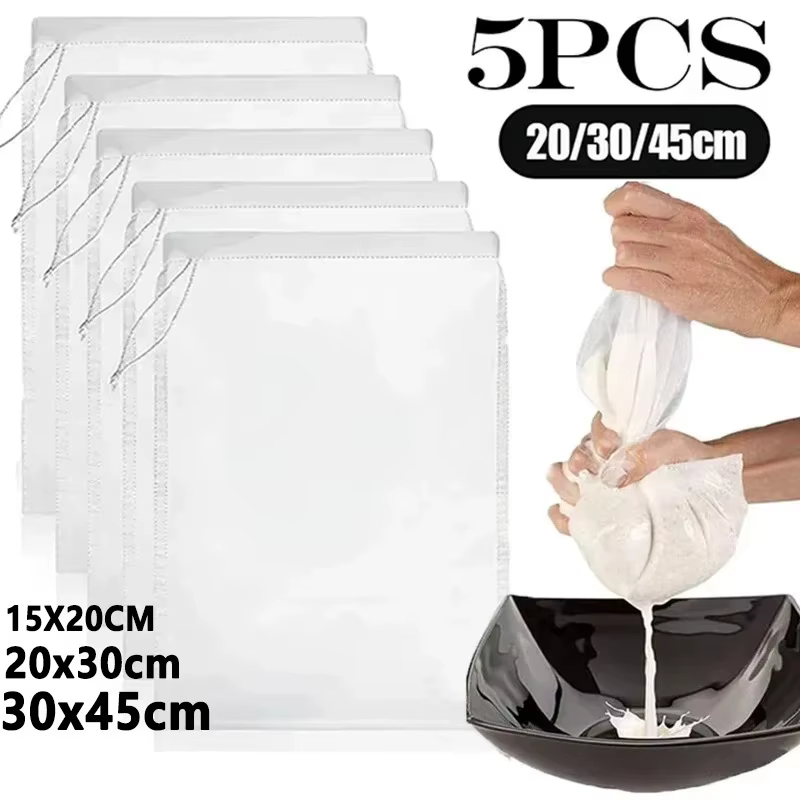 1/5 pièces Sacs filtrants réutilisables pour lait végétal, en nylon non blanchi, type toile à fromag