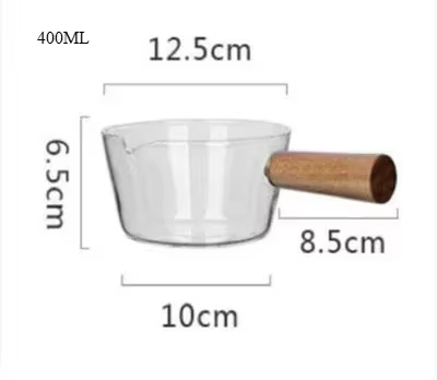 Pot en verre 400/600 ml avec poignée en bois, pratique et mignon, pour lait et soupes, stable, à poi