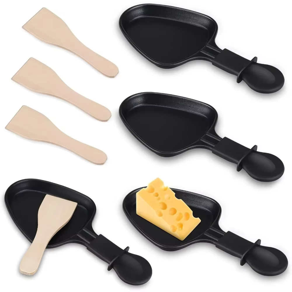 Ensemble de casseroles à raclette à fromage et 4 pelles en bois, revêtement antiadhésif, poêles élec