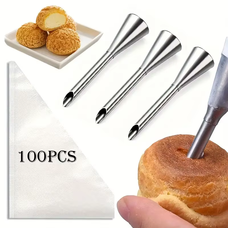 Kit de tuyauterie de pâtisserie Choux en acier inoxydable, 103 pièces, 100 sacs jetables + buse de b