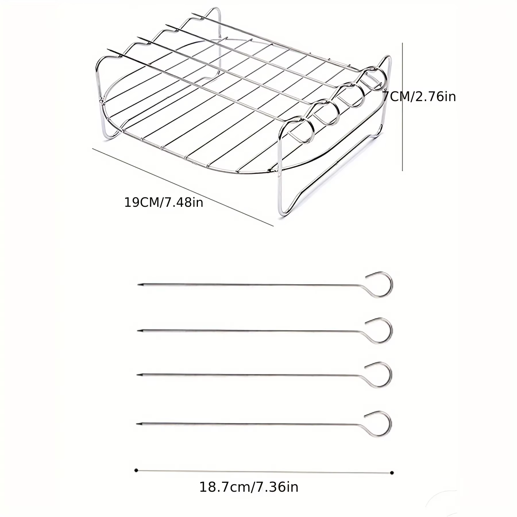 Gril carré pour friteuse à air 20cm/7,87 pouces, en acier inoxydable, avec 4 brochettes de barbecue,