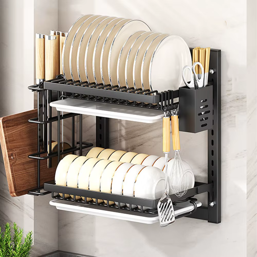 Support de séchage de vaisselle mural multifonctionnel, 2 couches, antirouille, porte-ustensiles, sa