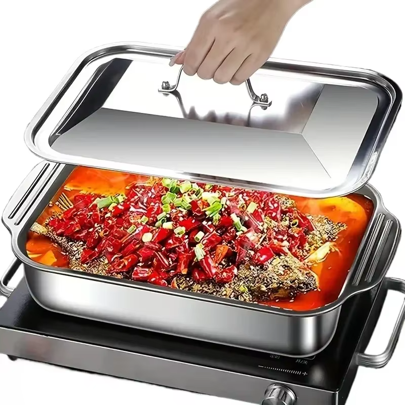 Poêle de cuisson profonde en acier inoxydable avec couvercles, casseroles rectangulaires multifoncti