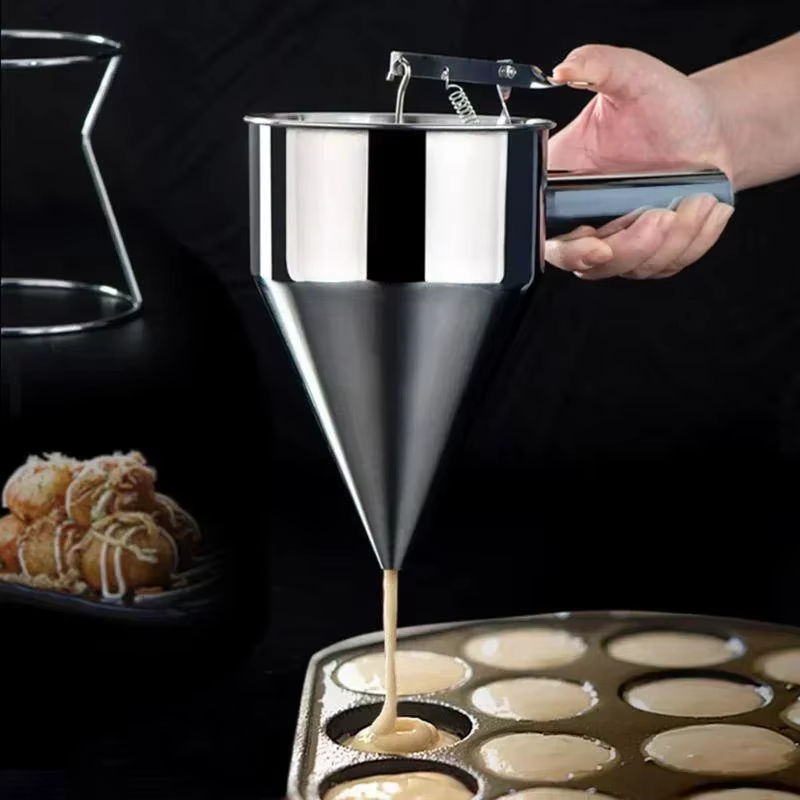Distributeur d'entonnoir en acier inoxydable avec support, pour cupcakes, crêpes, pâte, poulpe, boul