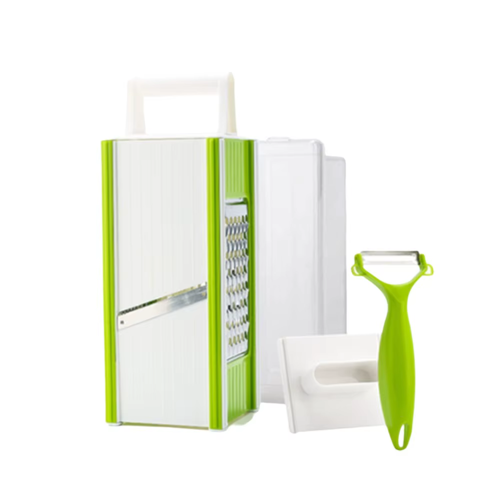 Hachoir à légumes portable 5 en 1 manuel avec récipient, râpe à légumes en plastique et acier inoxyd