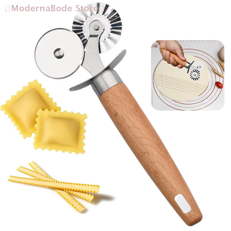 【M】Roue à pâte - Coupe-pâte cannelé à double roue, outil à découper les raviolis avec manche en bois