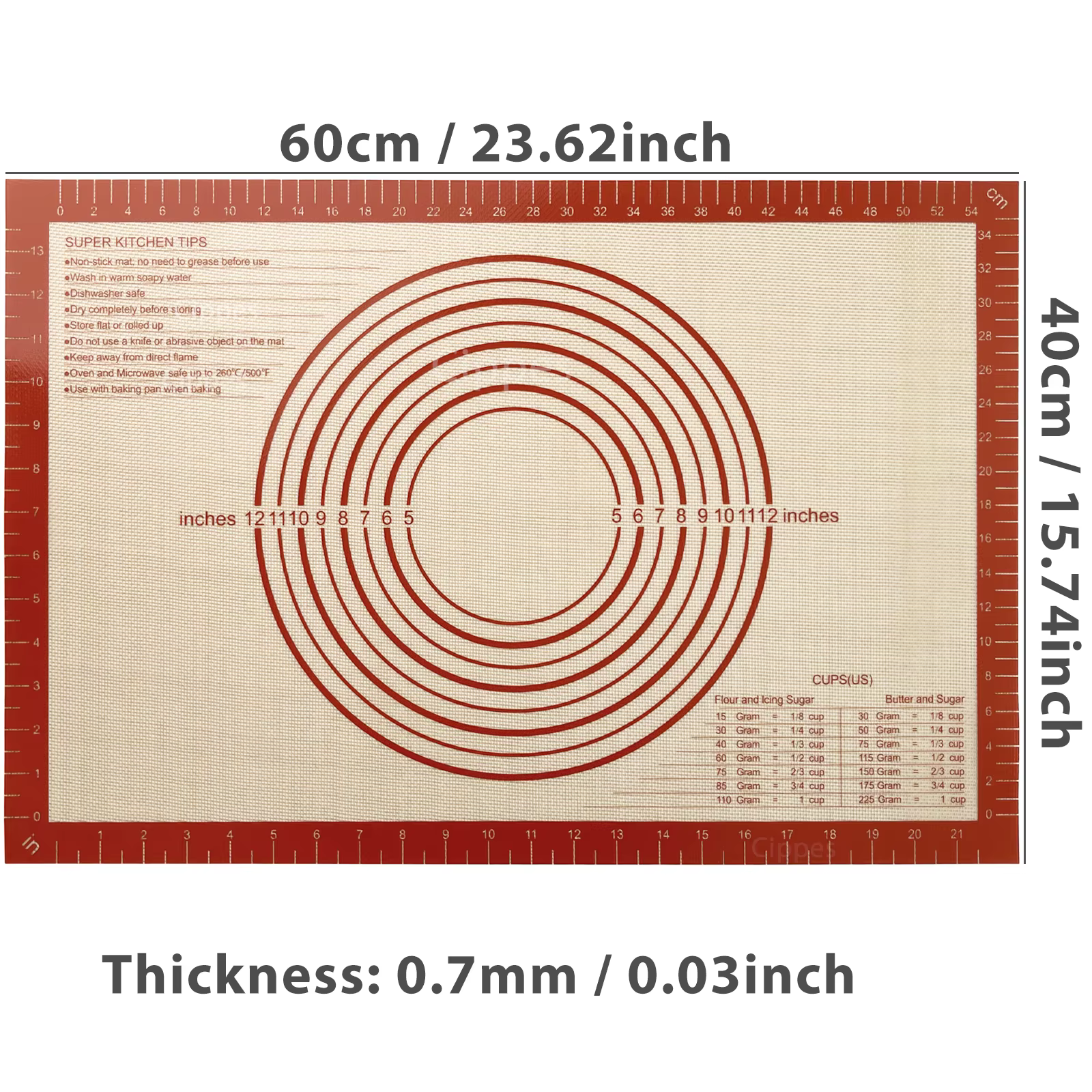 Tapis à pâtisserie en Silicone 60x40cm, 0.7mm d'épaisseur, tapis à rouler la pâte antiadhésif avec G