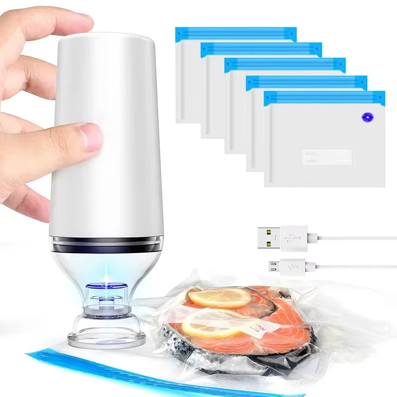 Ensemble de sacs à fermeture éclair réutilisables pour le stockage des aliments sous vide, pompe éle