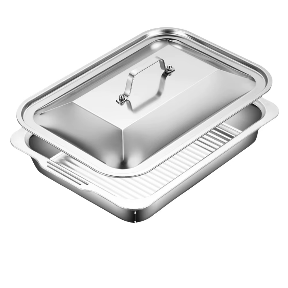 Poêle à poisson grillé en acier inoxydable avec couvercle, rôtissoire rectangulaire, plateau de cuis