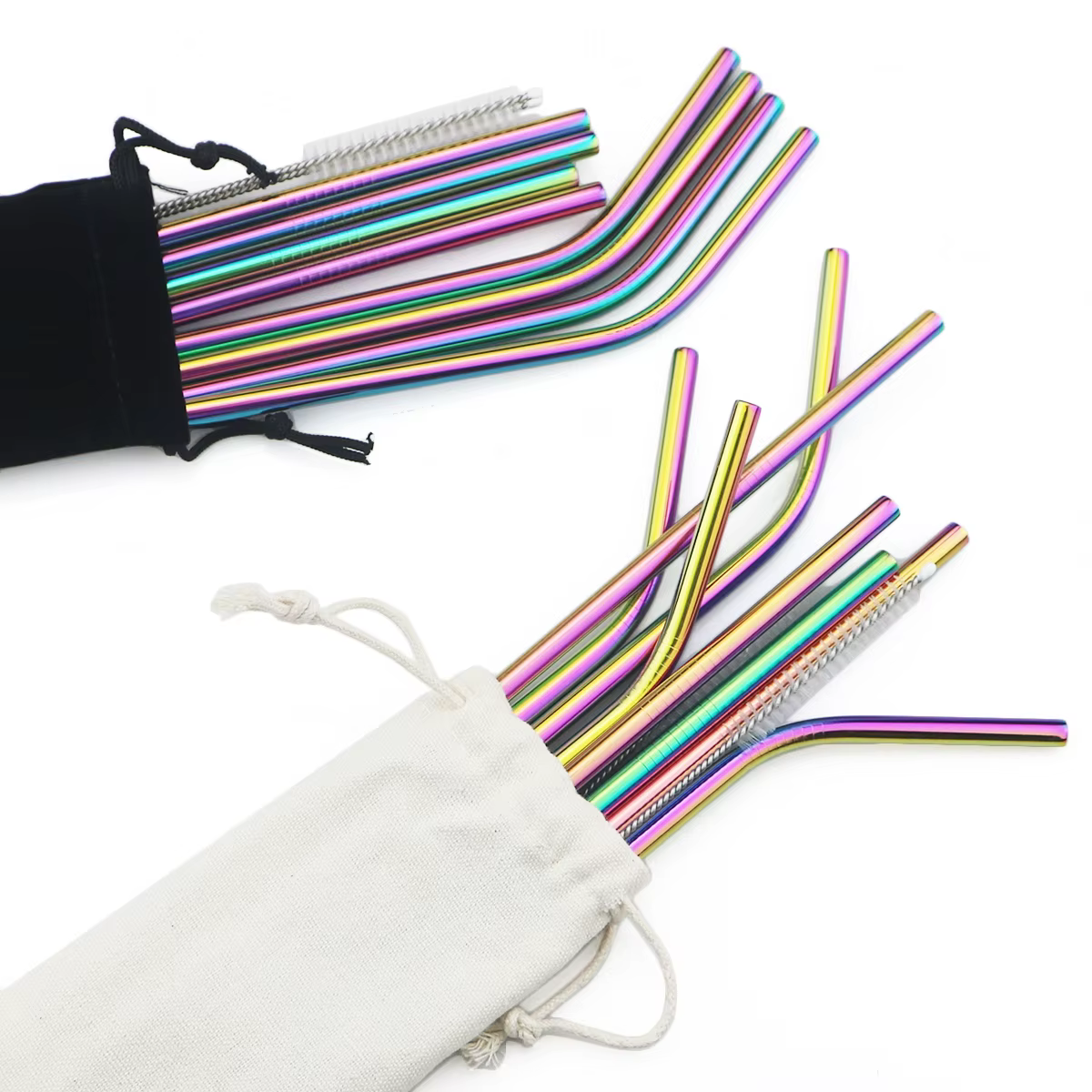 Pailles métalliques colorées réutilisables, ensemble de pailles en acier inoxydable 304 avec barre d