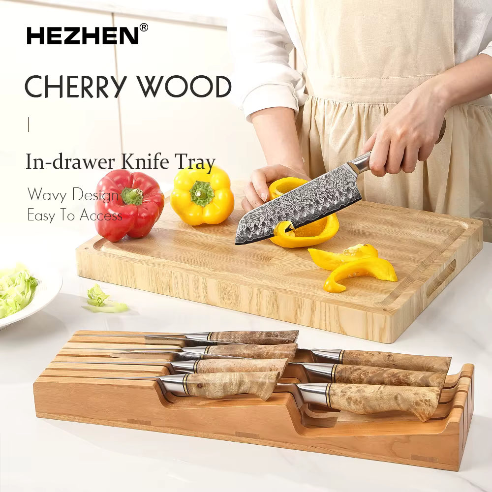 HEZHEN-Support de couteaux à 7 fentes en bois massif, accessoires de cuisine, rangement multifonctio