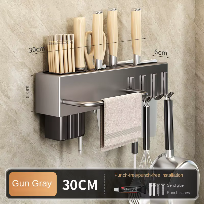 Étagère de cuisine sans outils, accessoires de cuisine, support mural multifonctionnel pour baguette