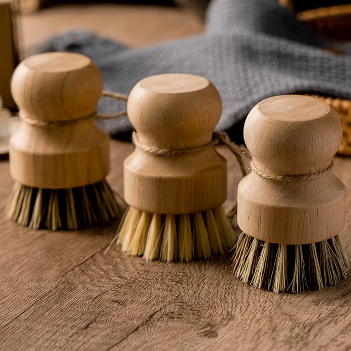 Brosse de lavage en bois massif à manche court, outil de lavage de pot en sisal, outil de réservatio