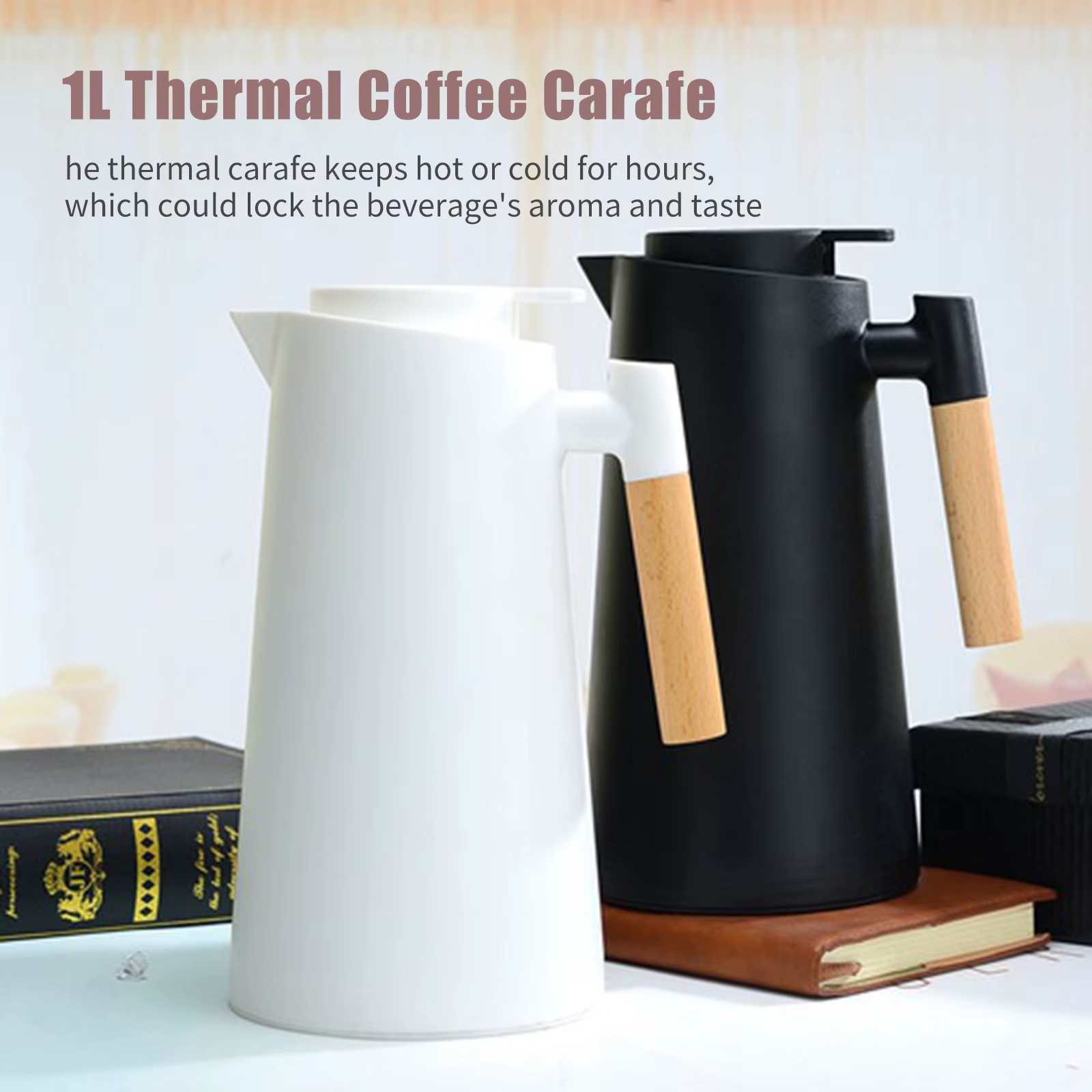 Carafe à café thermique sous vide à double paroi, pot thermos avec poignée en bois, bouilloire isolé