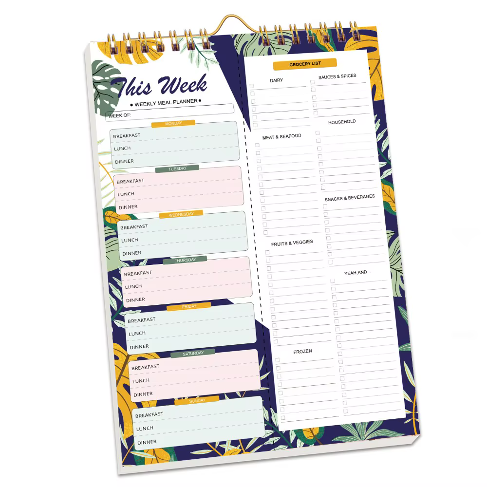 Bloc de planification des repas réutilisable de 52 feuilles, reliure spirale, planificateur de repas