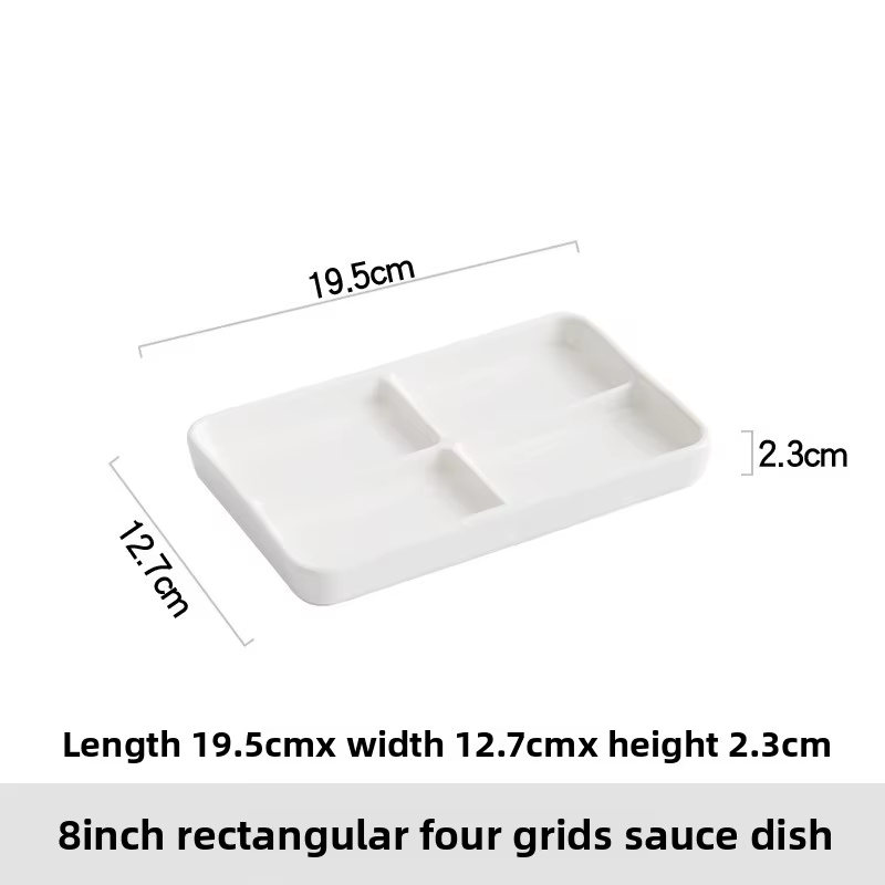 Assiette rectangulaire blanche à compartiments d'assaisonnement en céramique multi-compartiments, sa
