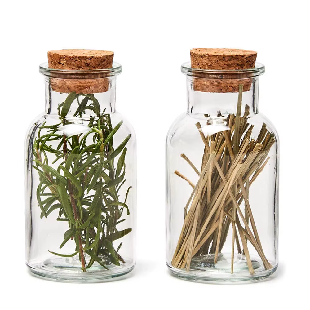 Pots à épices de 5 oz – Bouteilles en verre transparent avec couvercles en liège, récipients ronds r