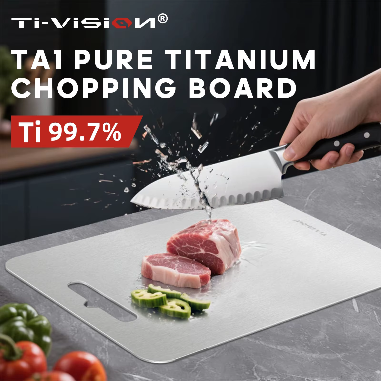 Planche à découper TA1 en titane pur |   99,7% Ti, double face alimentaire - Grade, antibactérien et