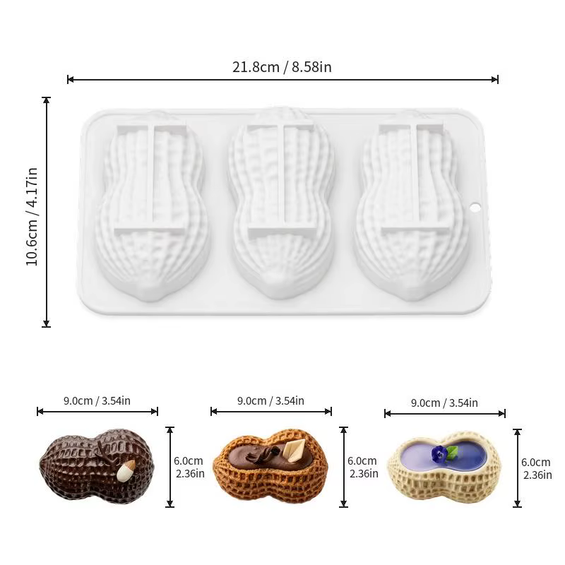 Moule en silicone multi-usage 3 cavités en forme d'arachide pour mousses, gâteaux et pâtisseries
