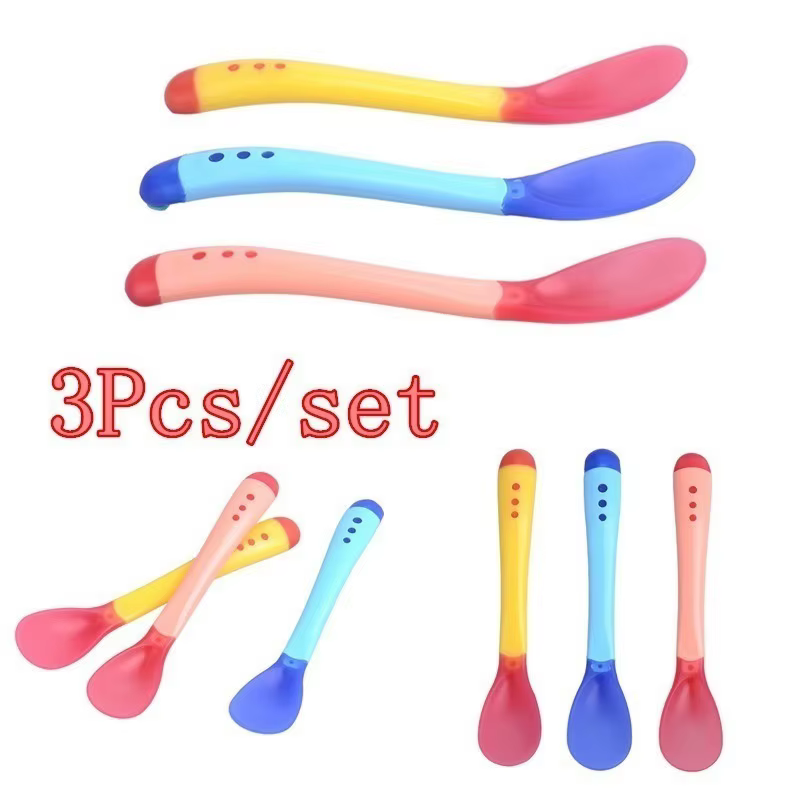 Cuillère en silicone pour enfants, 3 pièces/ensemble, détection de la température de sécurité, couve