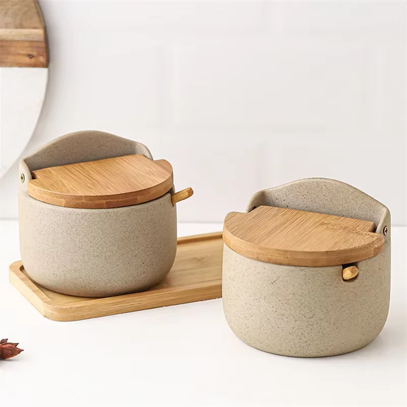Pot d'assaisonnement en céramique de Style japonais, couvercle en bambou, pot à épices avec cuillère