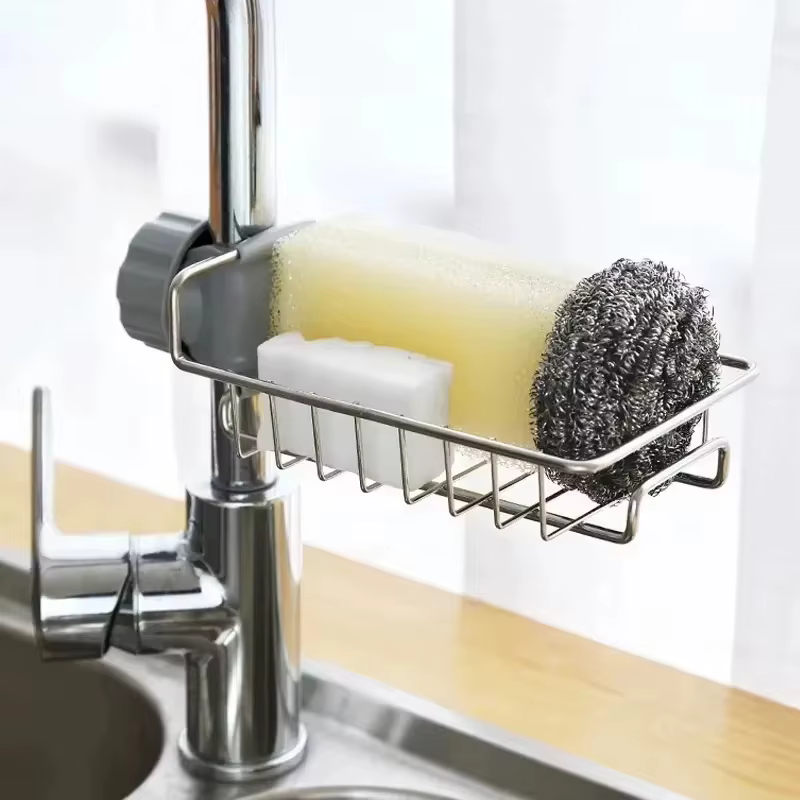 Égouttoir d'évier de cuisine en acier inoxydable, support de robinet de rangement, égouttoir à savon