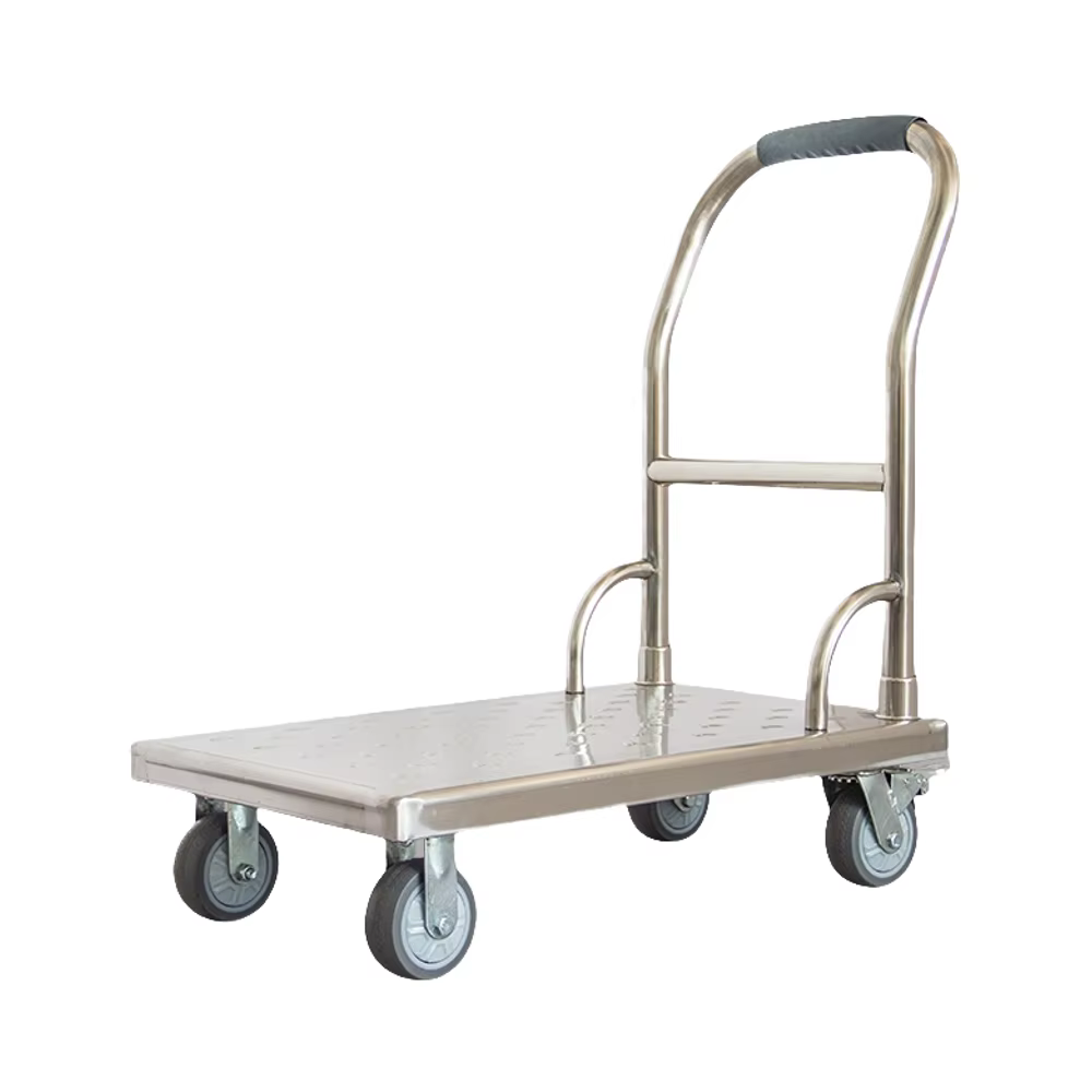 Chariot à plaques d'acier inoxydable épaissi, remorque à plat, transporteur pliant, chariot à outils