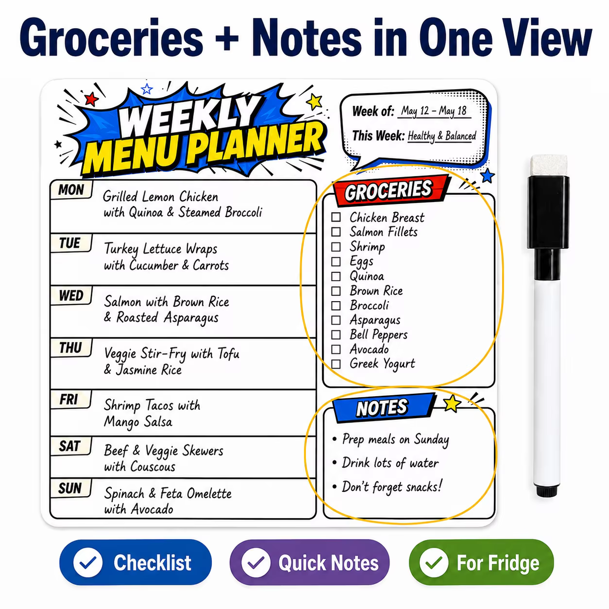 Autocollant de planification de menu hebdomadaire effaçable à sec pour réfrigérateur, avec 1 marqueu