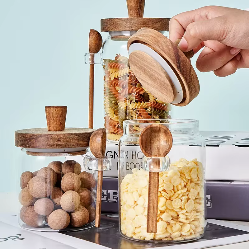 Pot scellé en verre, boîte de stockage de café et de thé à cinq grains avec cuillère en bois, boutei