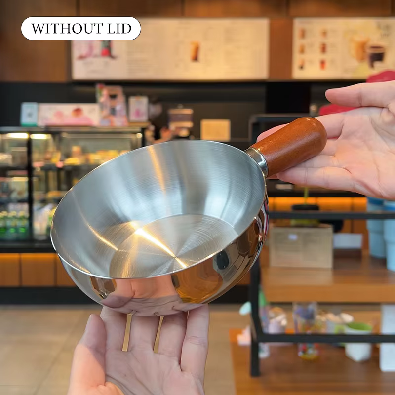 Casserole à lait en acier inoxydable avec poignée en bois, compacte, idéale pour faire frire des œuf