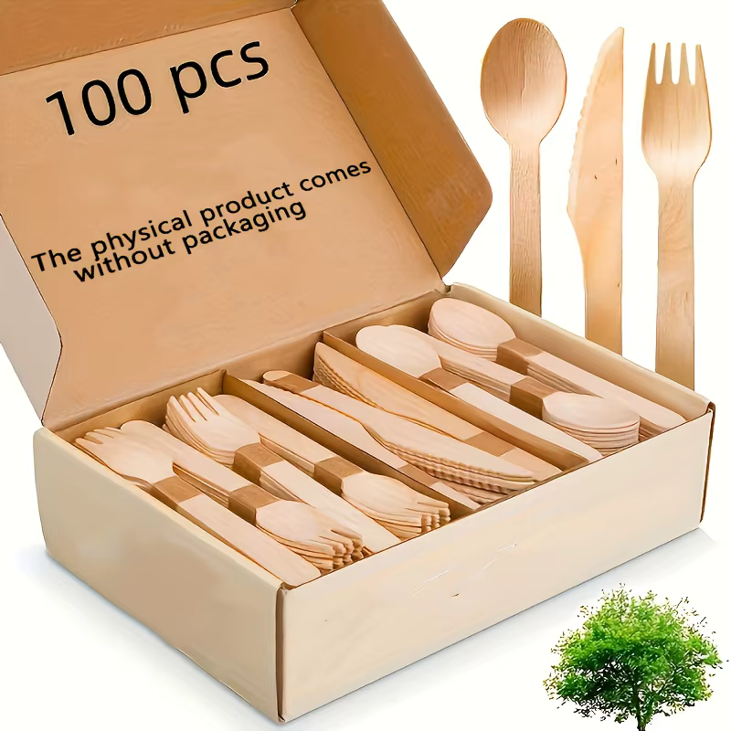 Un ensemble de couverts en bois de qualité supérieure – 100/200 ustensiles jetables (50/100 fourchet