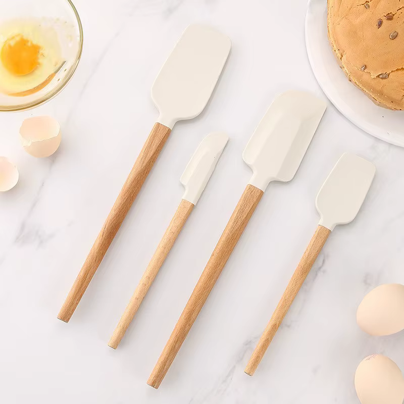 Spatule à crème en Silicone blanc, mélangeur de pâtisserie antiadhésif, manche en bois, grattoir de